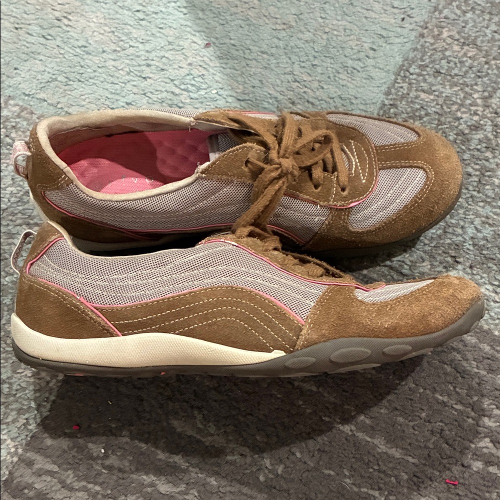 Women's Brown Suede Athletic Sneakers with Pink Accents